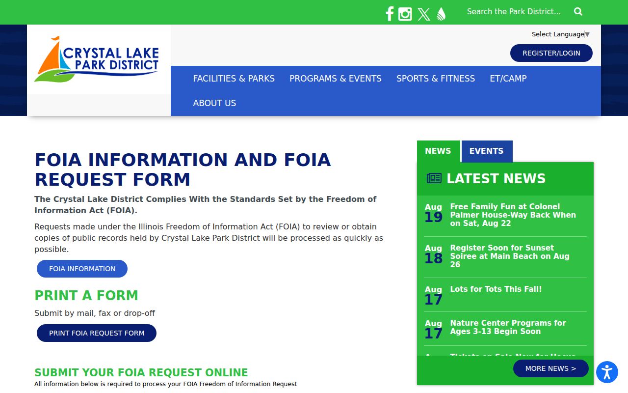 Crystal Lake Park District FOIA form for neighborhood civic records