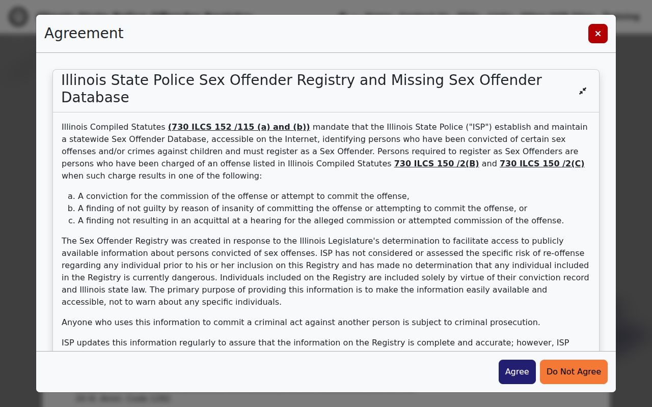 Illinois State Police disclaimer for lawful Crystal Lake identity research