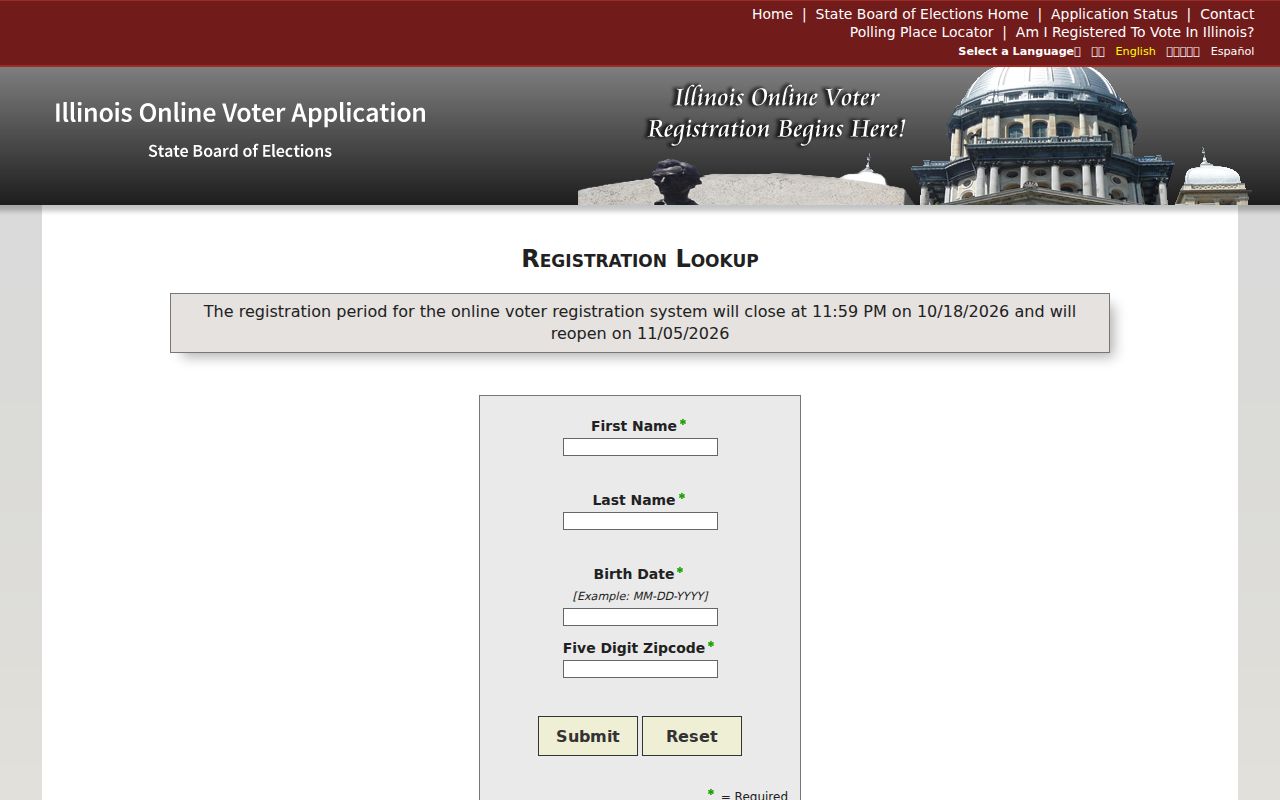 Illinois voter registration form for a Crystal Lake resident lookup